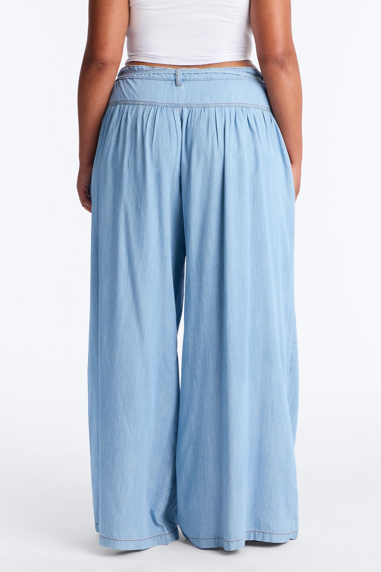 Golden Hour Chambray Tie Waist Pant 33″ - Light Wash