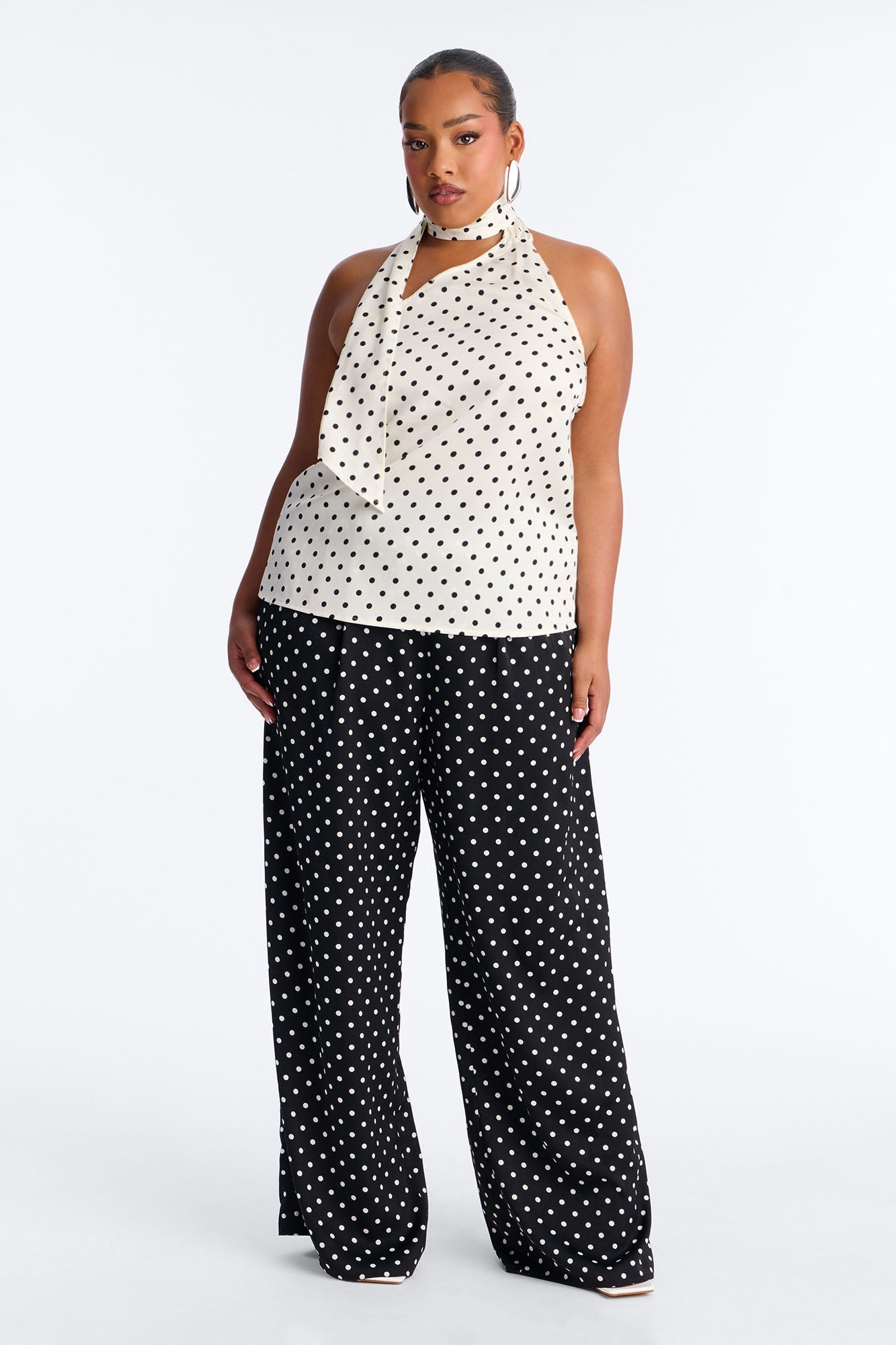 Tasha Satin Polka Dot Halter Pant Set - White/Black