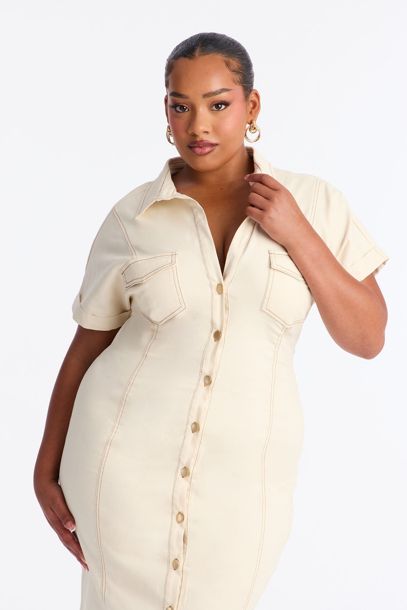 Hayley Denim Midi Dress - Cream
