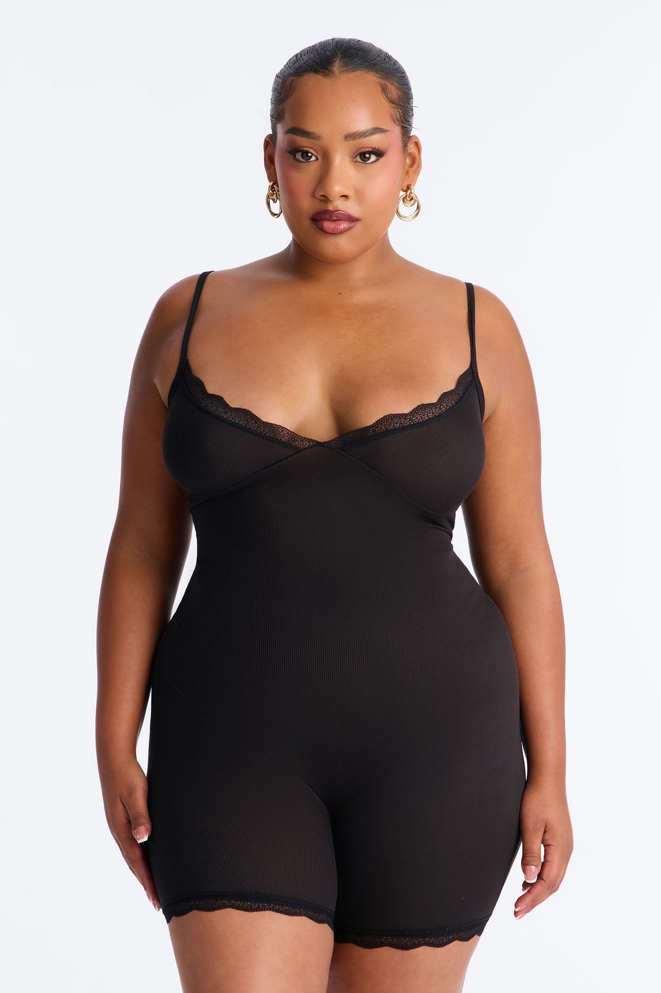 Slumber Party Cami Lace Trim PJ Romper Onesie - Black