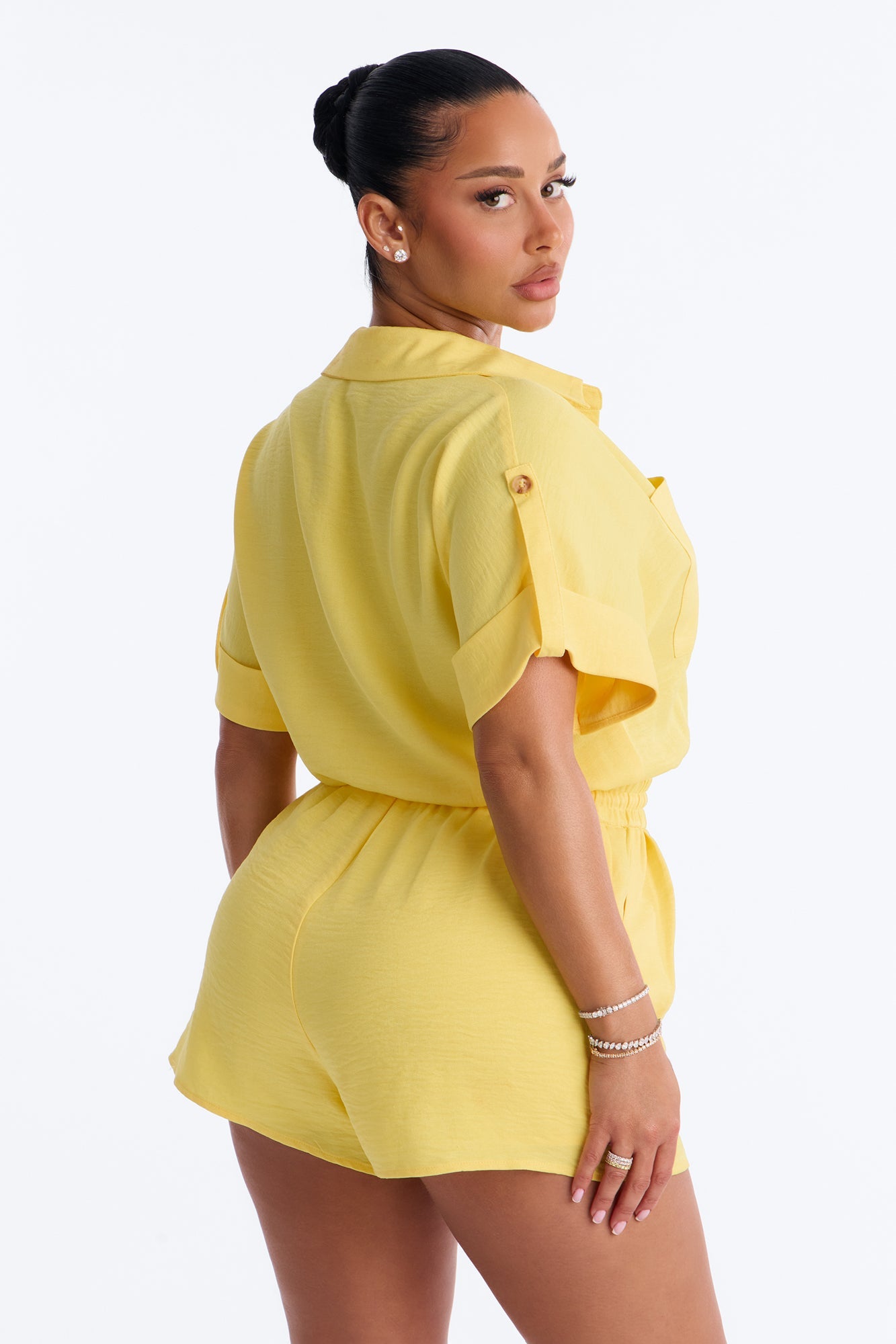 Lilah Collar Short Sleeve Romper - Yellow