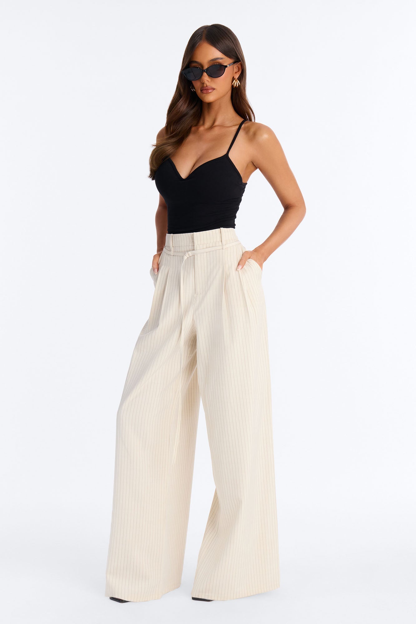 Old Money Feel Pinstripe Belted Trouser Pant 33″ - Beige