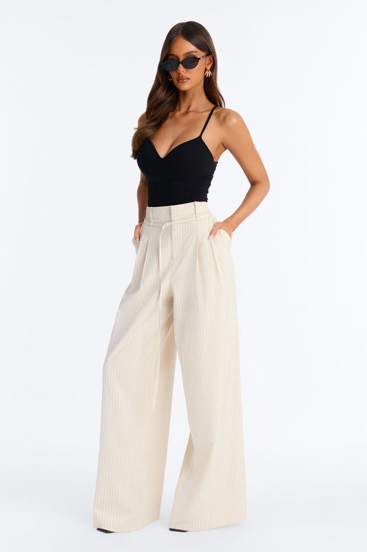Old Money Feel Pinstripe Belted Trouser Pant 33″ - Beige