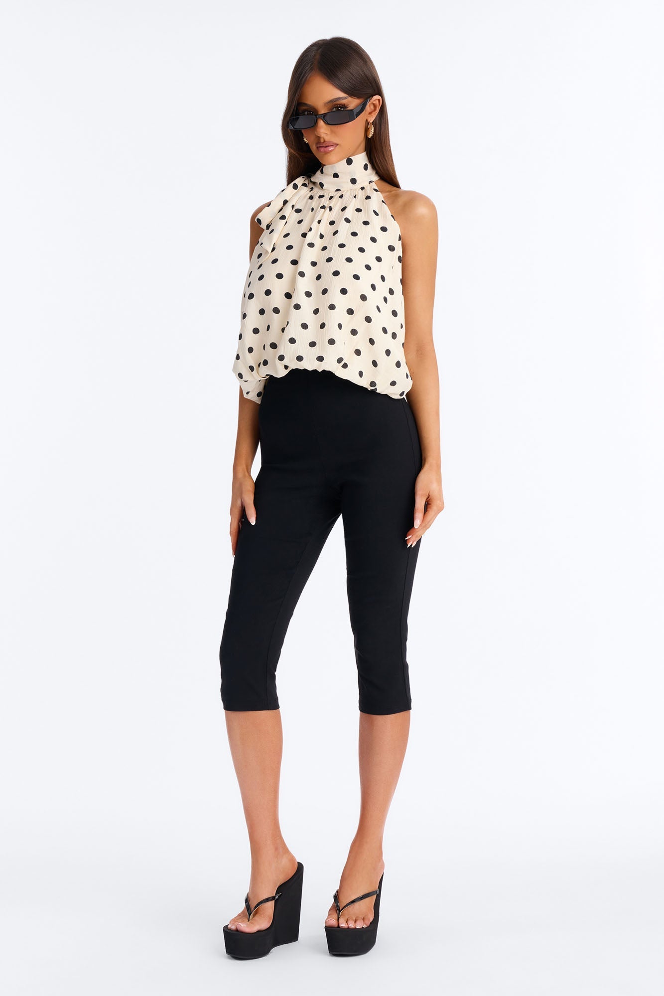 Retro Chic Mock Neck Polka Dot Airflow Top - Cream/combo