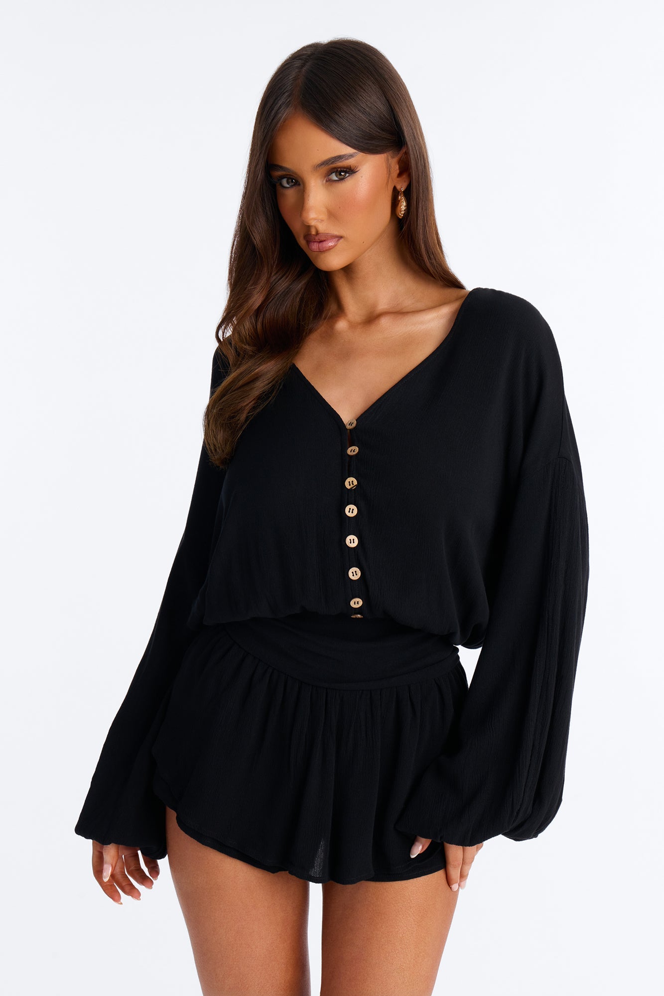 Layna Long Sleeve Flowy Romper - Black