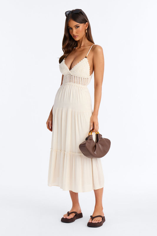 Bianca Crochet Midi Dress - Taupe