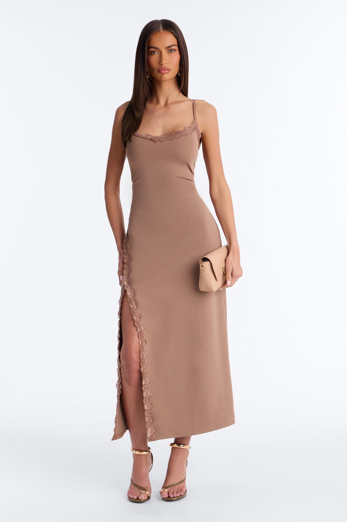 Mariana Lace Trim Midi Dress - Mocha
