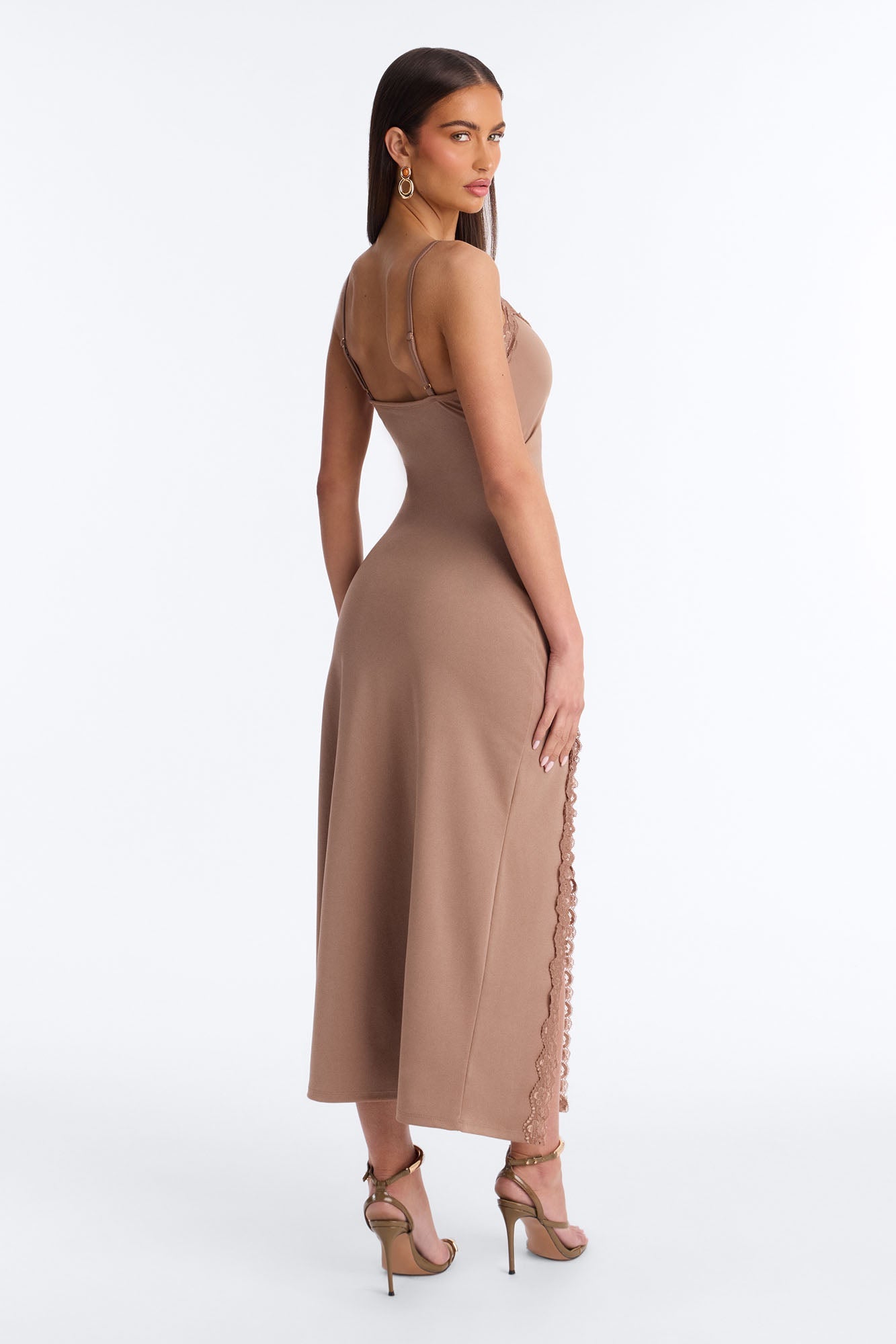 Mariana Lace Trim Midi Dress - Mocha