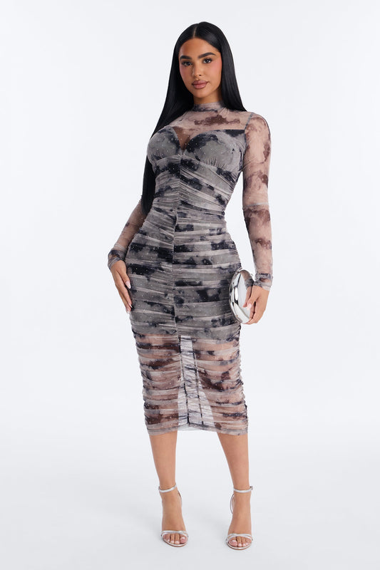 Hollie Rhinestone Mesh Midi Dress - Grey