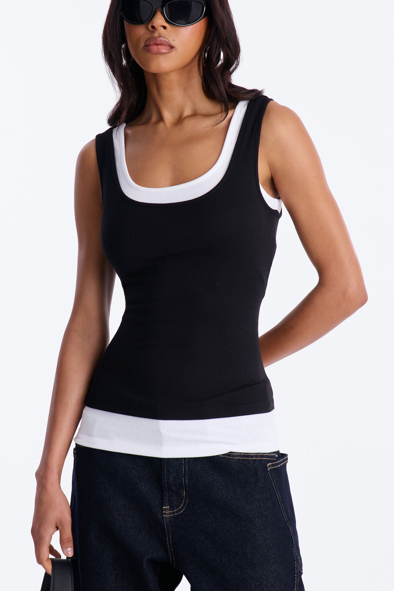 Ashlee Ribbed Layered Off Shoulder Tank Top - Black/White