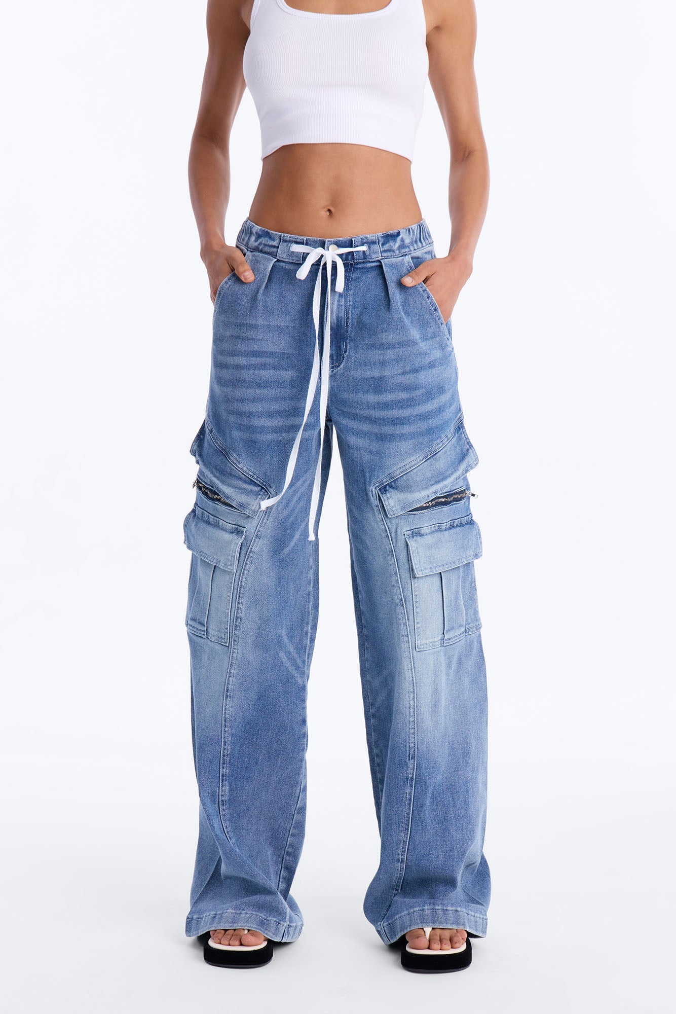 Ask About Me Tie Waist Cargo Wide Leg Jeans - Medium Wash