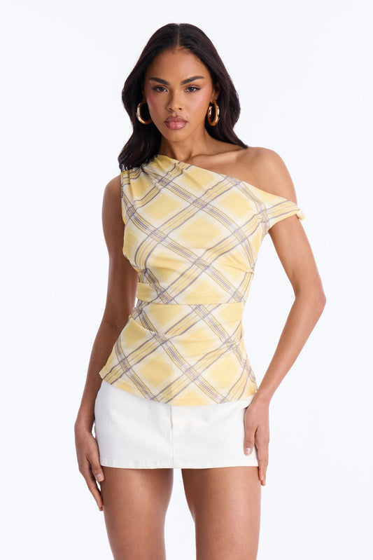 Elevated Life One Shoulder Ruched Plaid Top - Yellow/combo