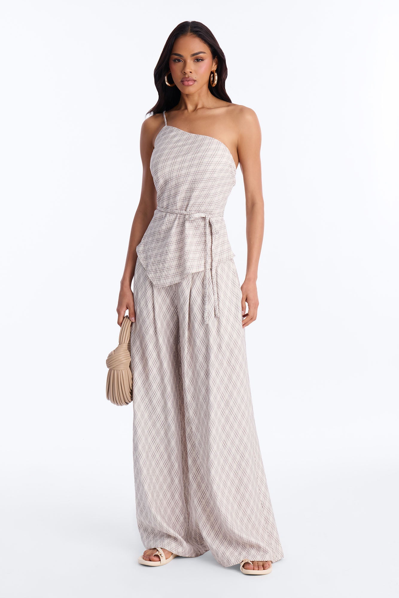 Natalia Plaid One Shoulder Pant Set - Cream/combo