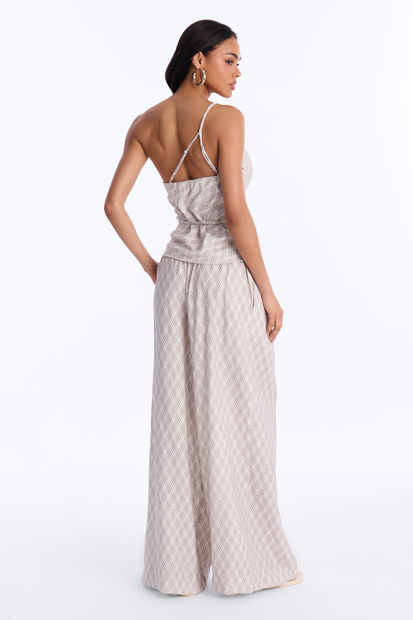 Natalia Plaid One Shoulder Pant Set - Cream/combo