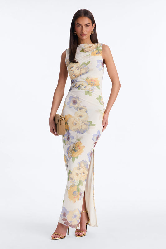 Skyla Ruched Mesh Maxi Dress - Yellow/combo
