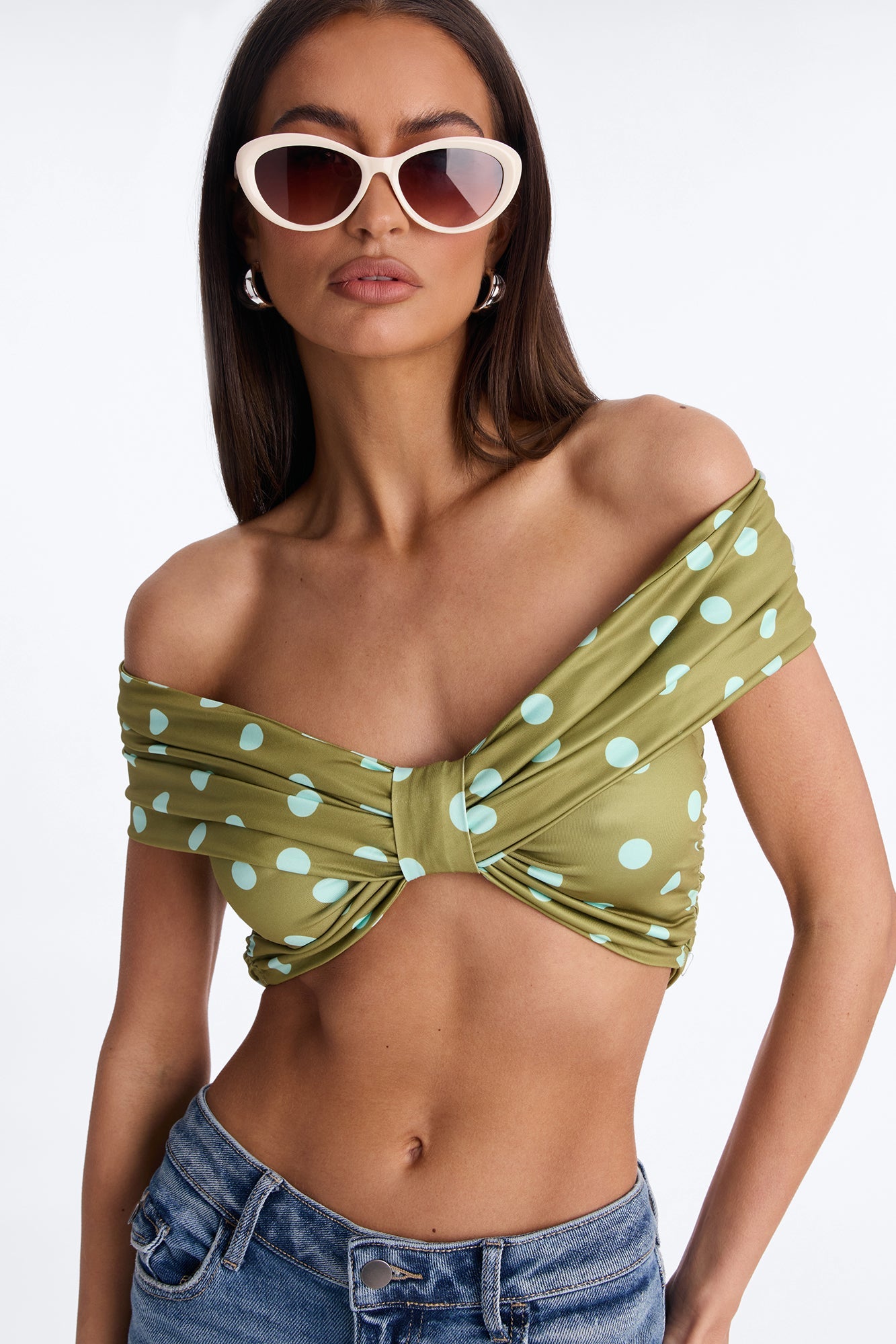 Nina Off Shoulder Ruched Polka Dot Crop Top - Olive/combo