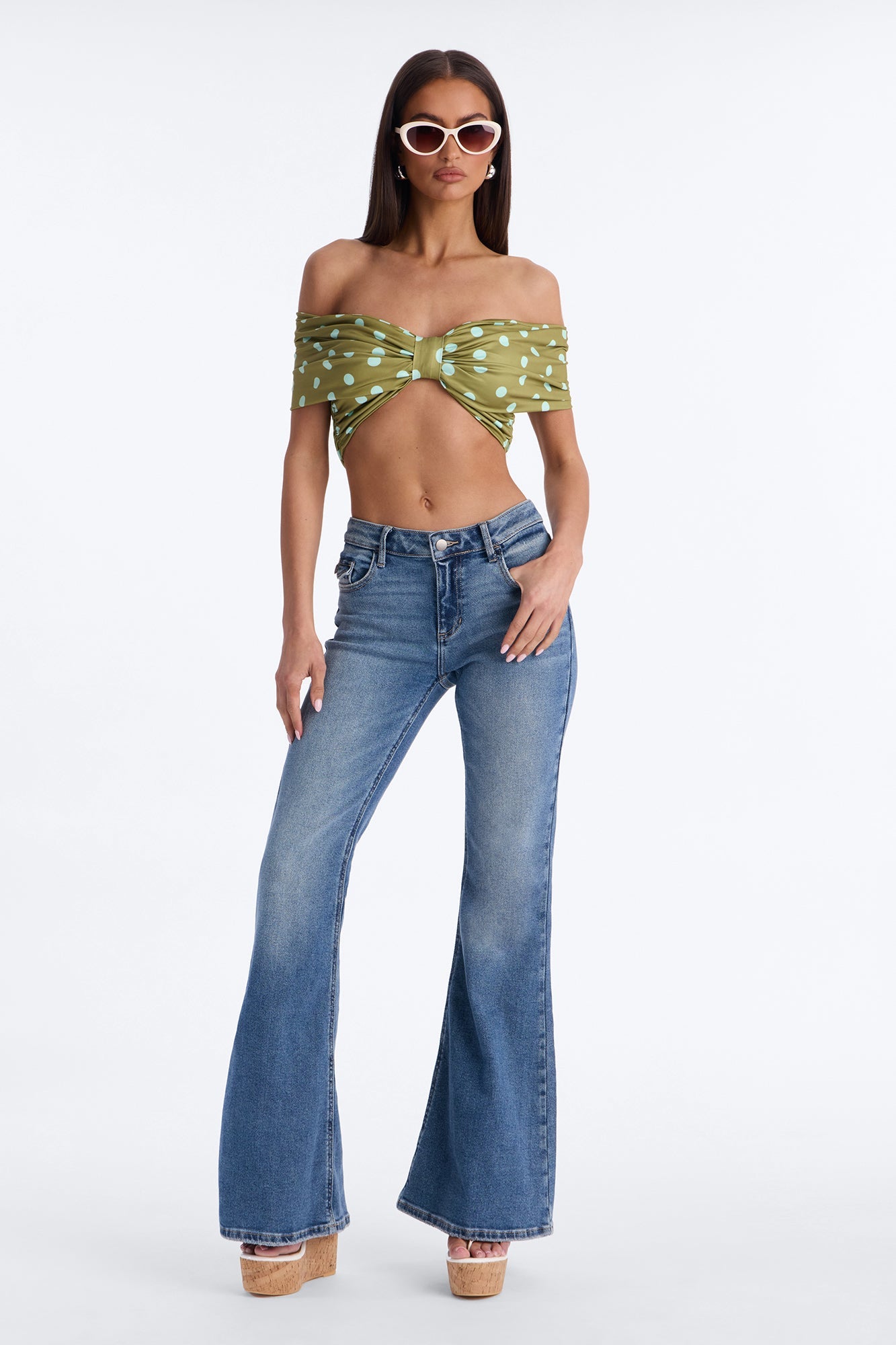 Nina Off Shoulder Ruched Polka Dot Crop Top - Olive/combo