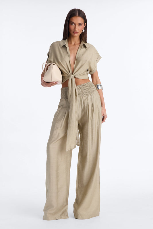 Elena Linen Wide Leg Pant Set - Olive