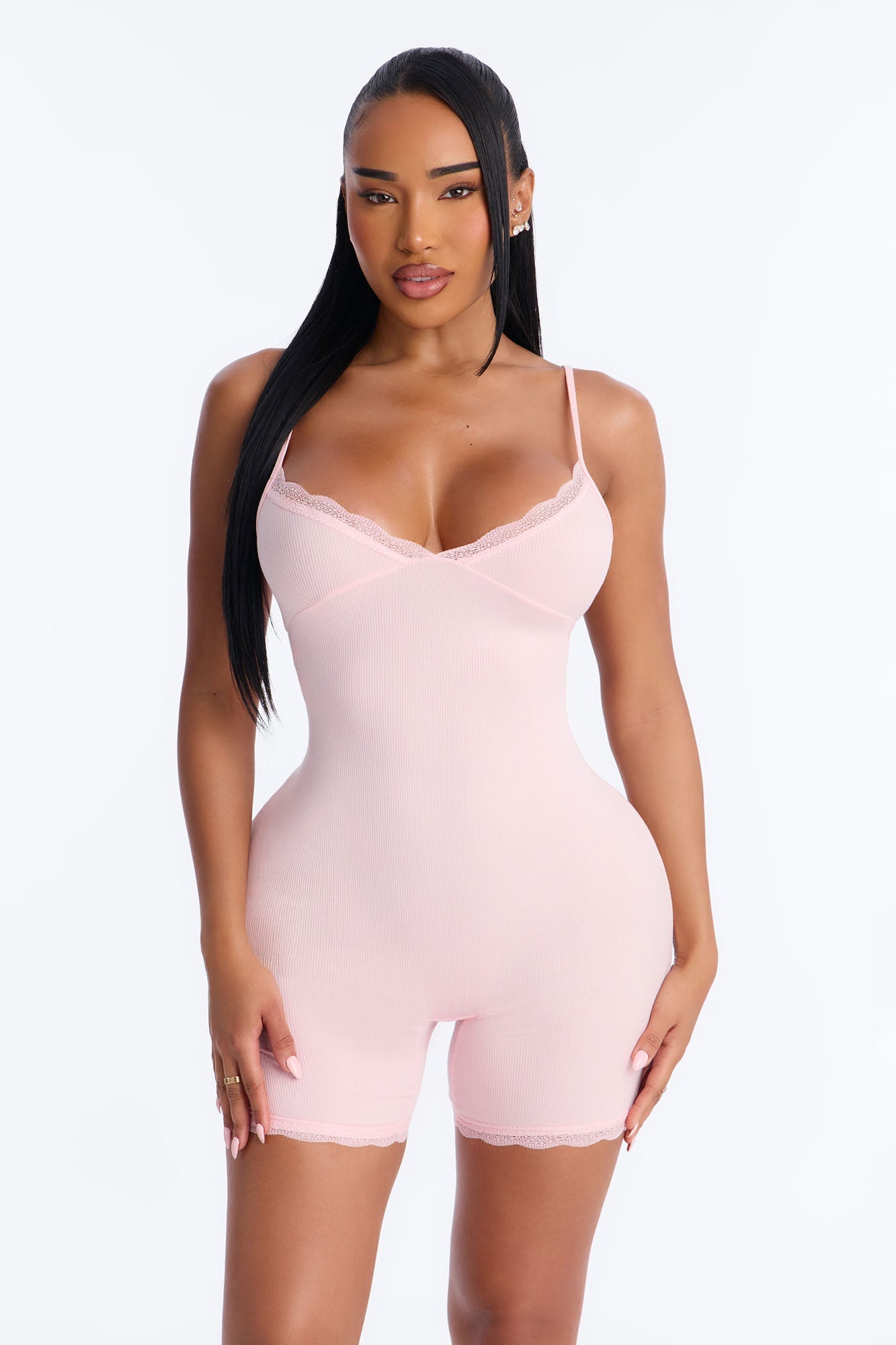 Slumber Party Cami Lace Trim PJ Romper Onesie - Pink