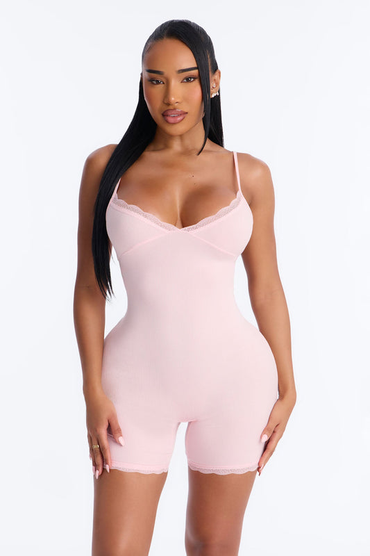 Slumber Party Cami Lace Trim PJ Romper Onesie - Pink
