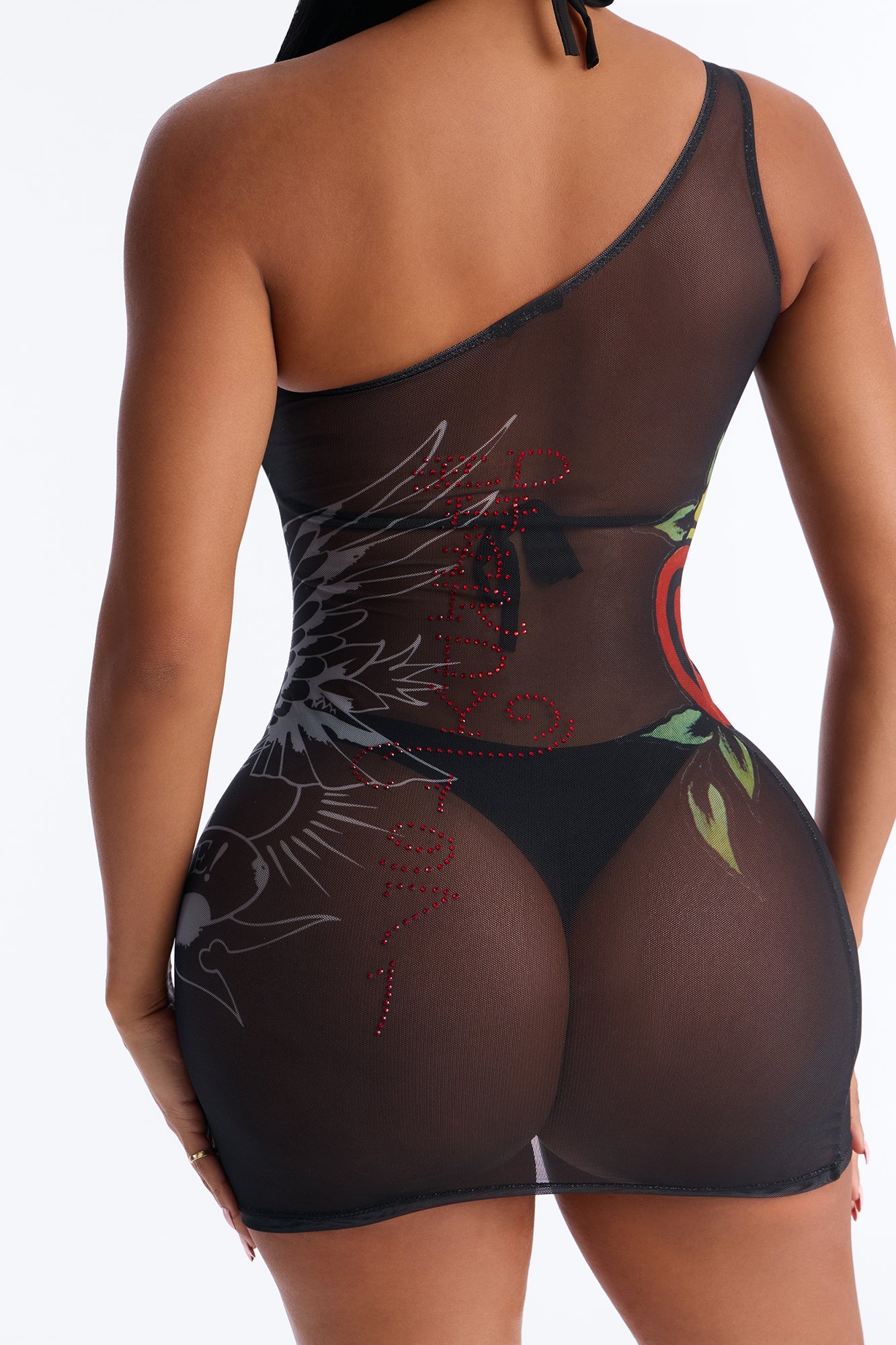 Ed Hardy Hearts One Shoulder Mesh Cover Up Dress - Black/combo