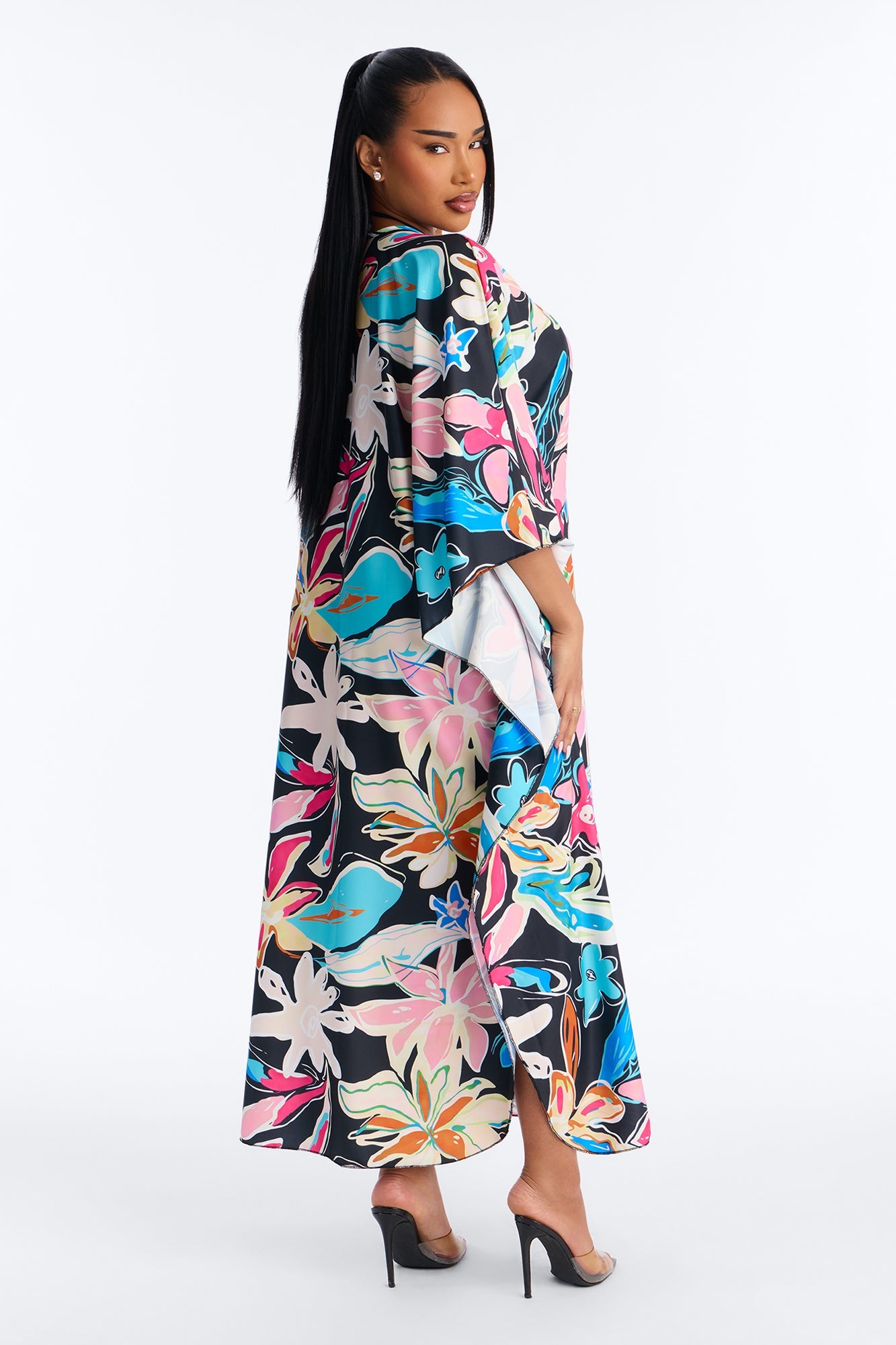 Find Me In Hawaii Floral Long Sleeve Kaftan Cover Up - Multi Color