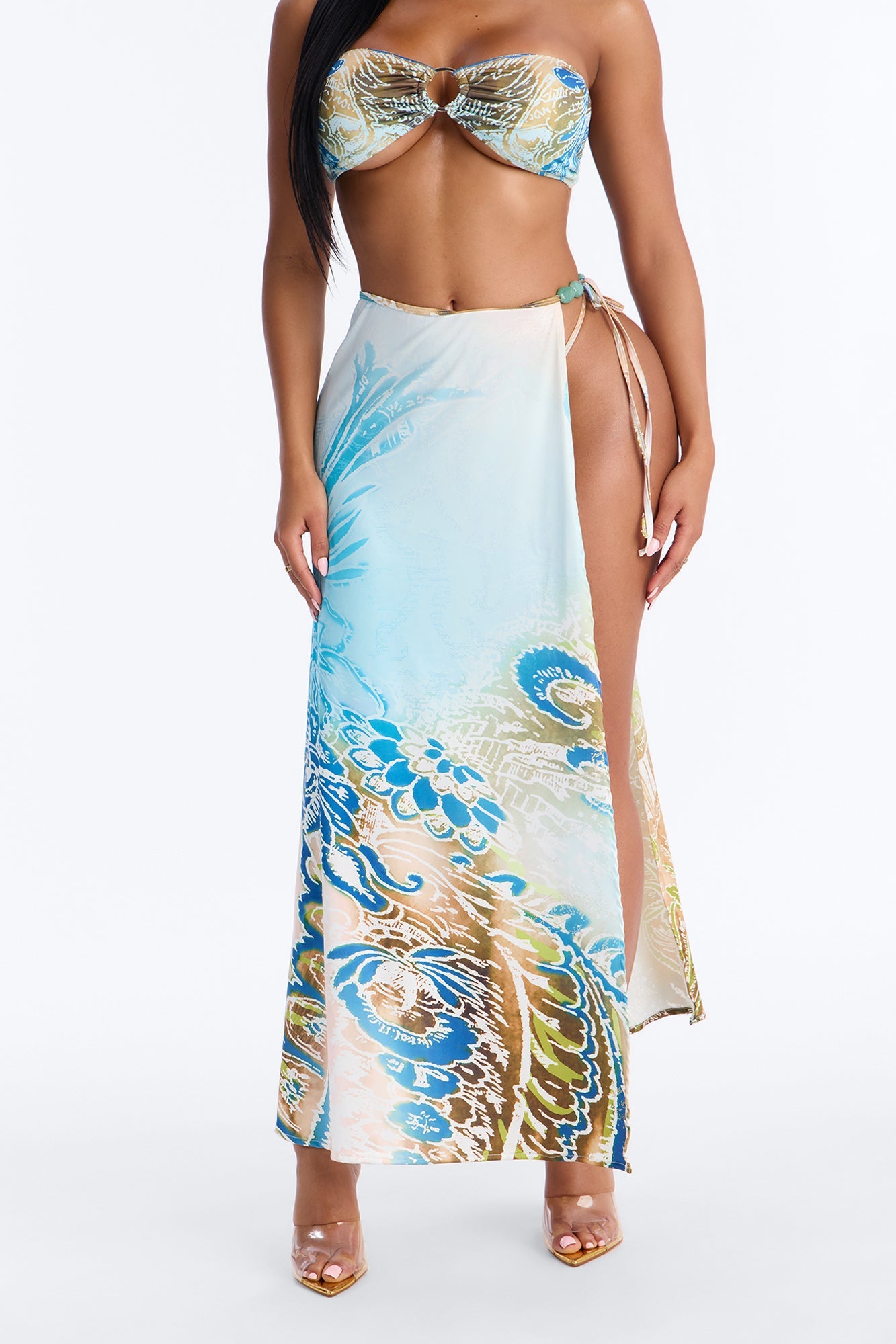 Blazing Bay 3 Piece Bandeau Bikini Skirt Set - Blue/combo