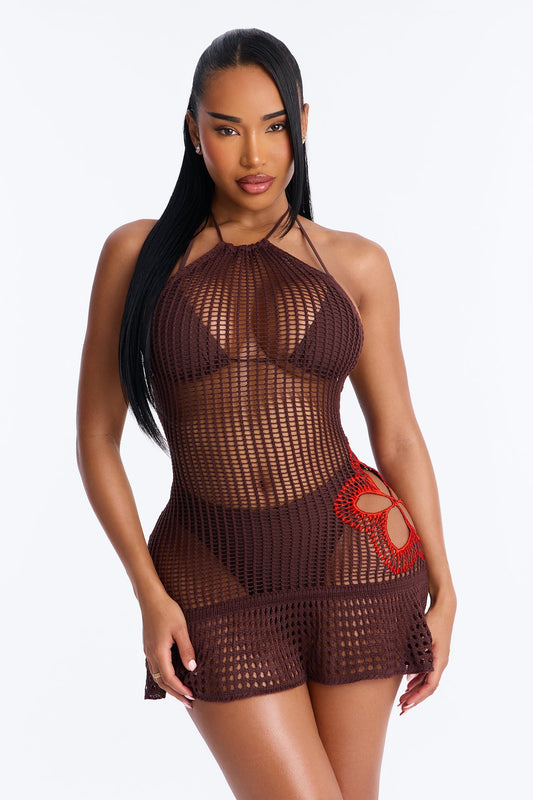 Cocoa Coast Crochet Swim Cover Up Halter Dress - Brown
