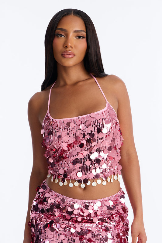 Sunset Drips Sequin Halter Top - Pink
