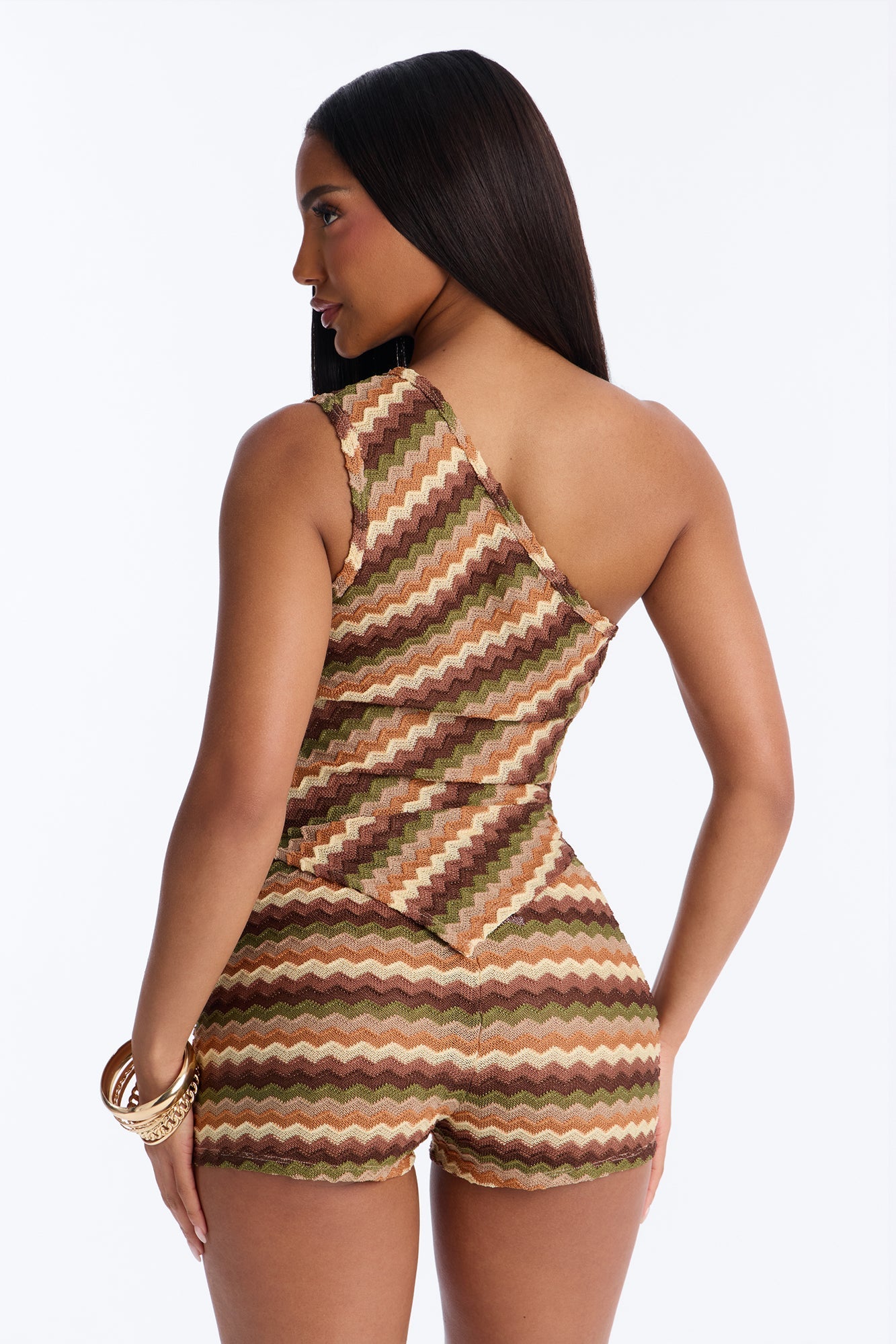 Tessa Crochet One Shoulder Short Set - Brown/combo