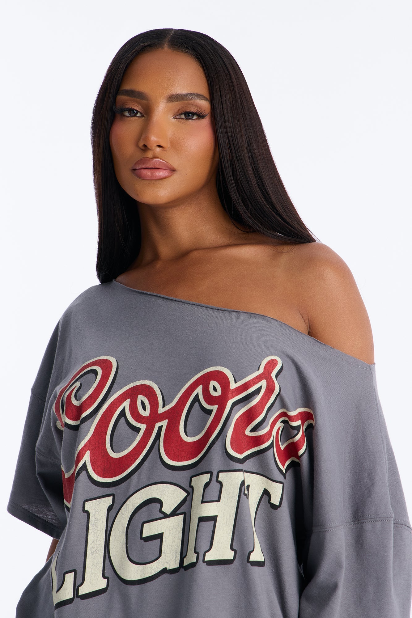 Coors Light Off Shoulder Cropped Tee - Charcoal
