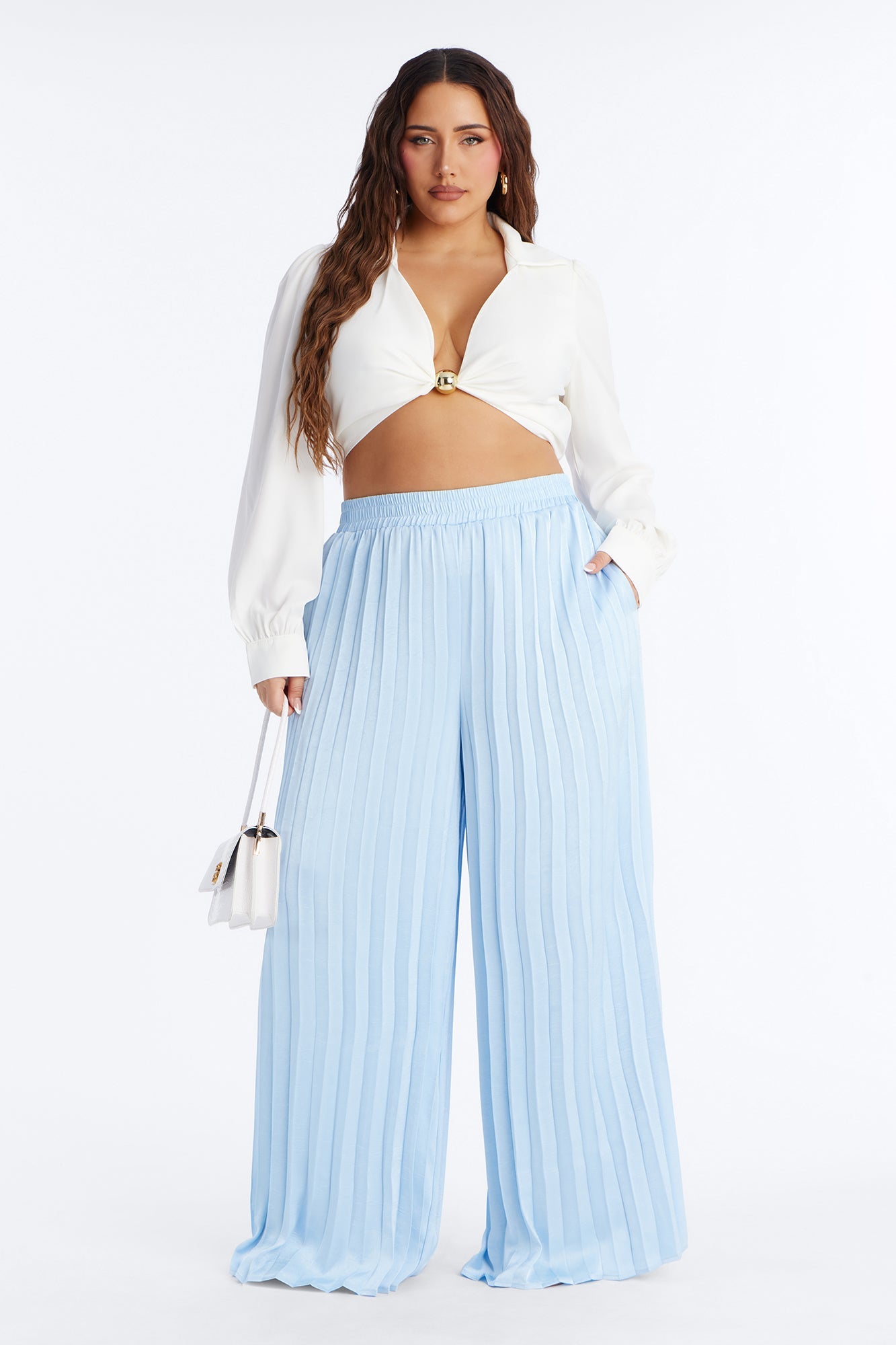 Let's Go Babe Satin Wide Leg Pant 32 - Light Blue