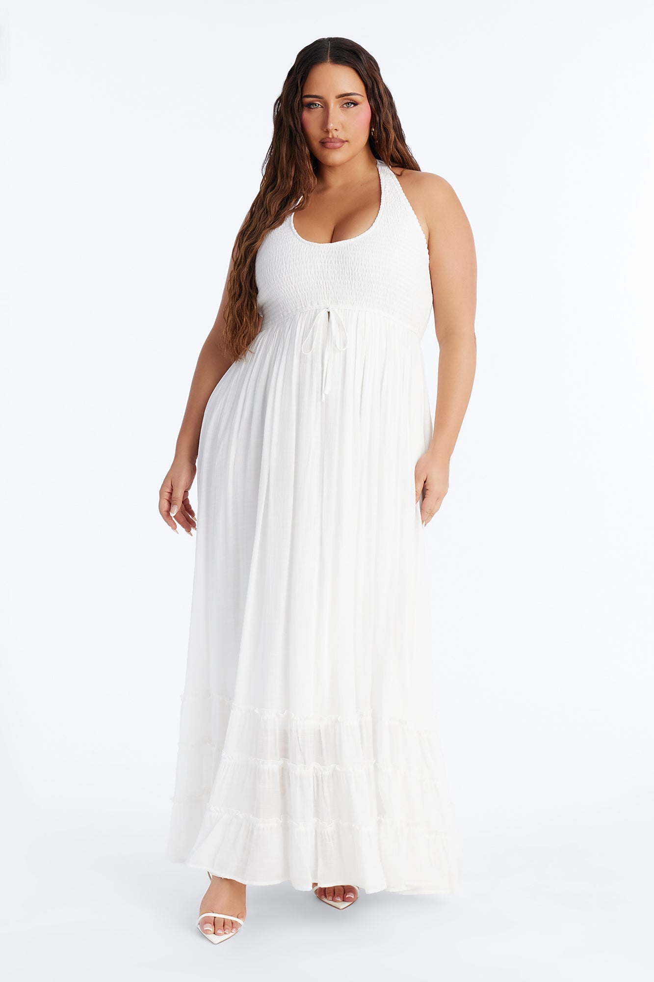 Freya Smocked Linen Maxi Dress - White