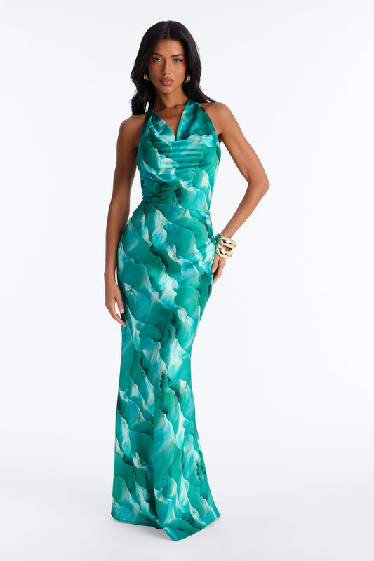 Luxe Life Halter Satin Maxi Dress - Teal/combo