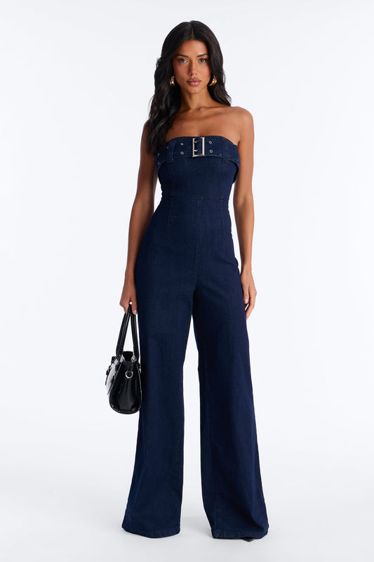 Marie Denim Belted Jumpsuit - Dark Wash