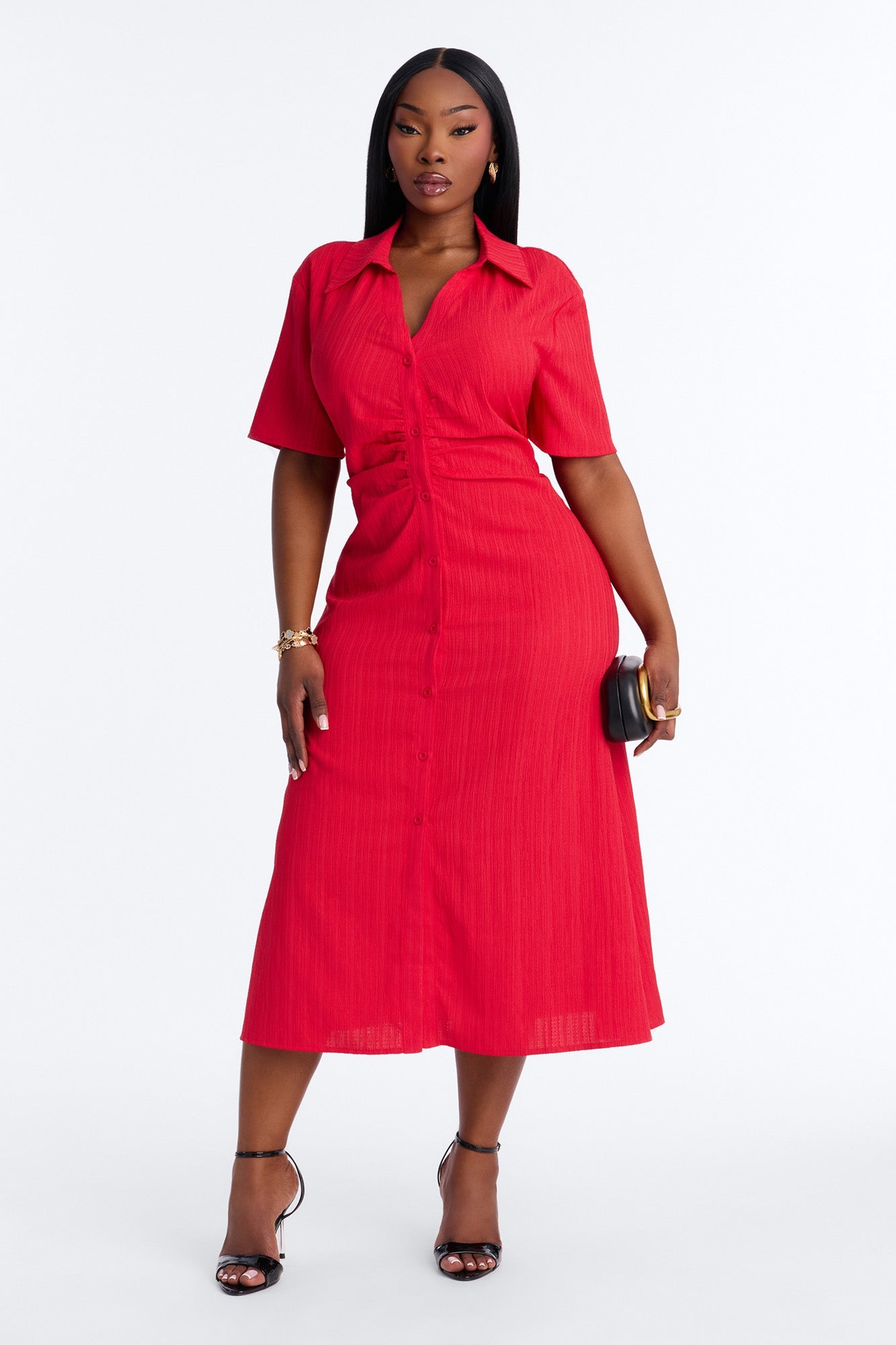 Carmen Ruched Shirt Midi Dress - Red