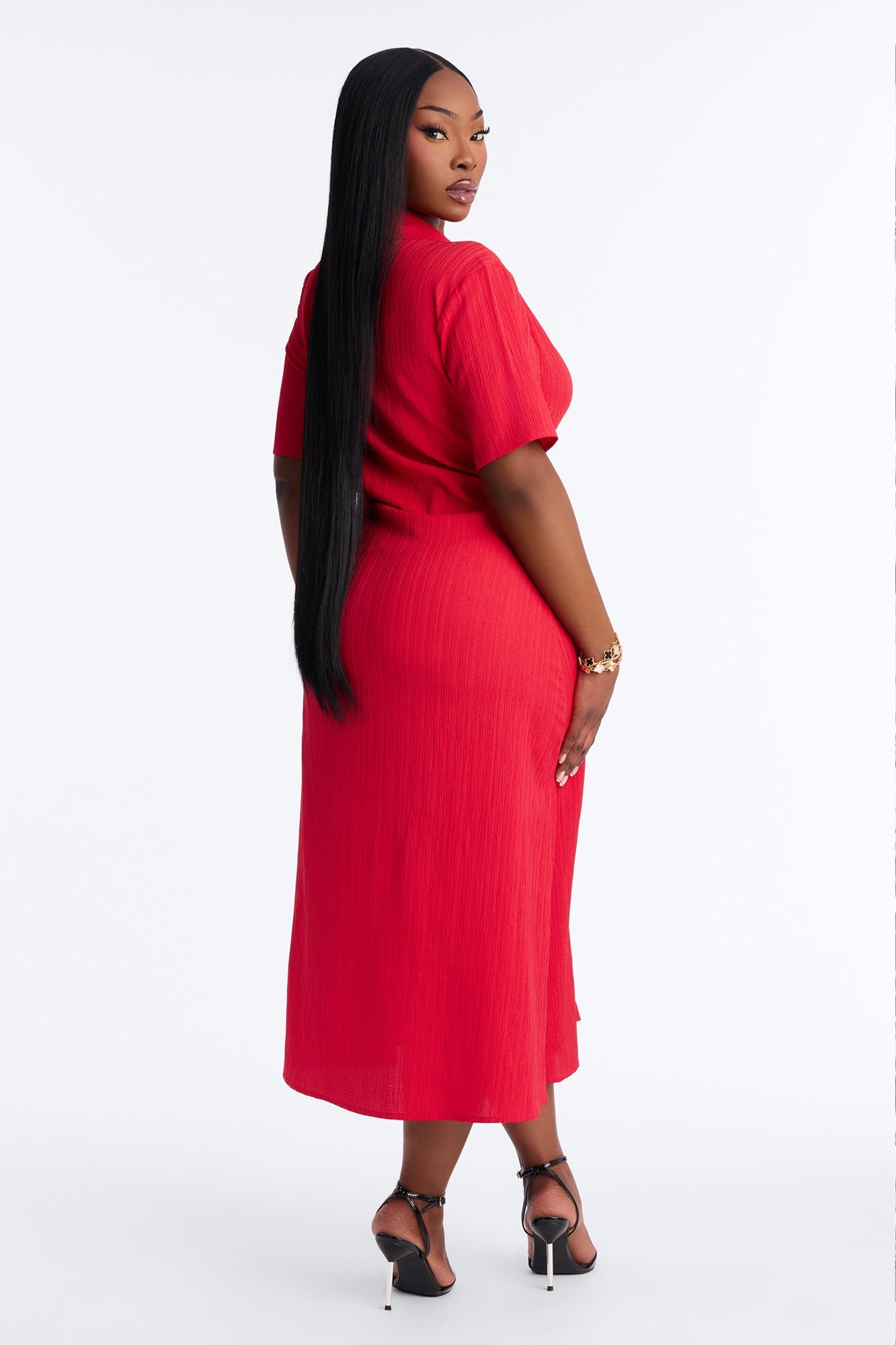 Carmen Ruched Shirt Midi Dress - Red