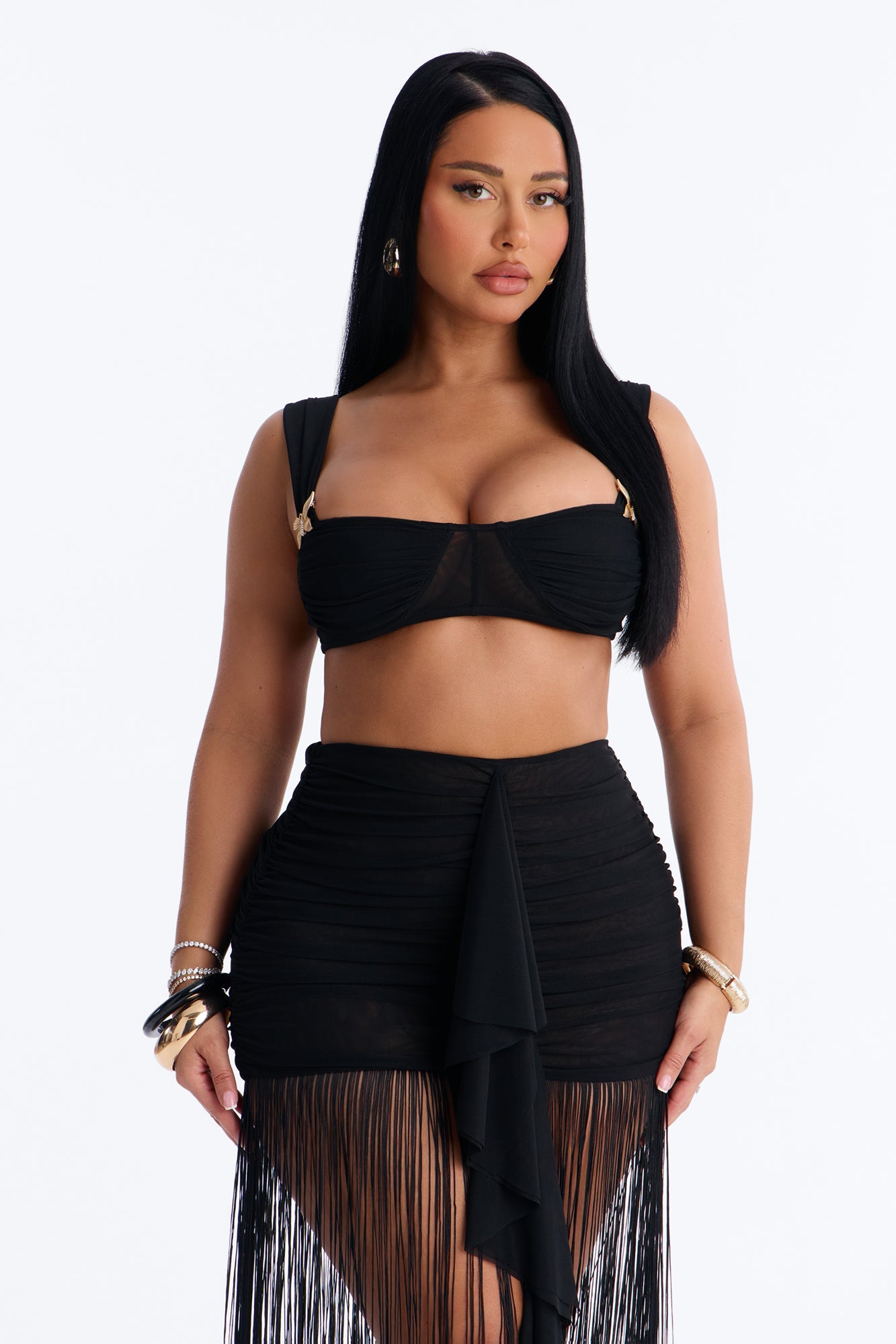 Farrah Mesh Fringe Skirt Set - Black