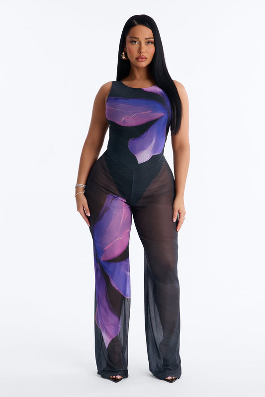 Yara Backless Mesh Jumpsuit - Purple
