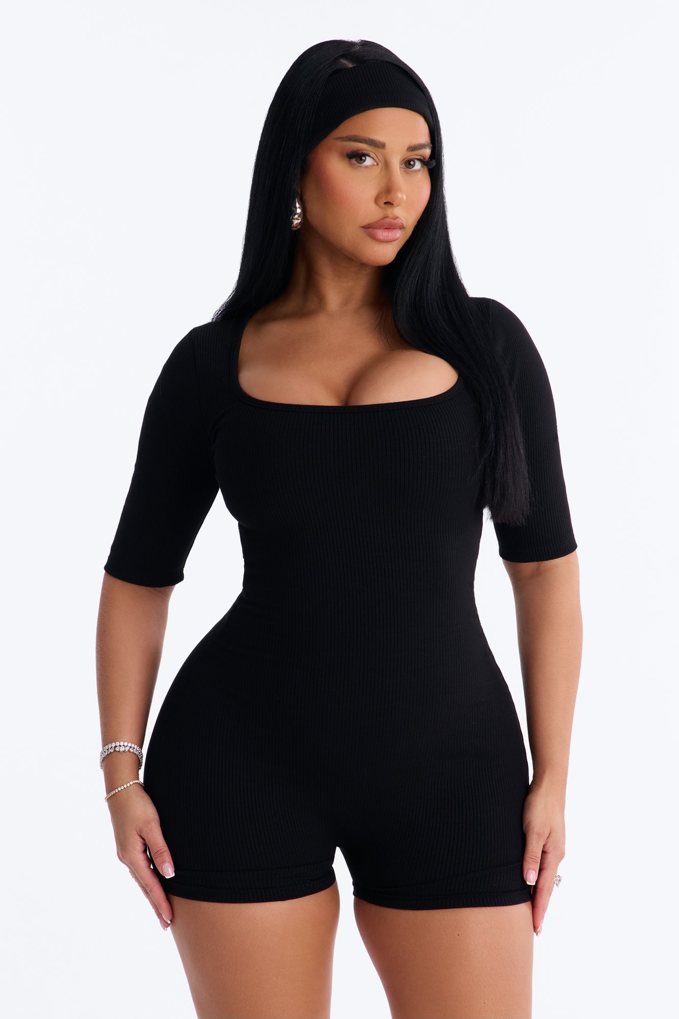 Karly Snatched 2 Piece Headband And Romper - Black