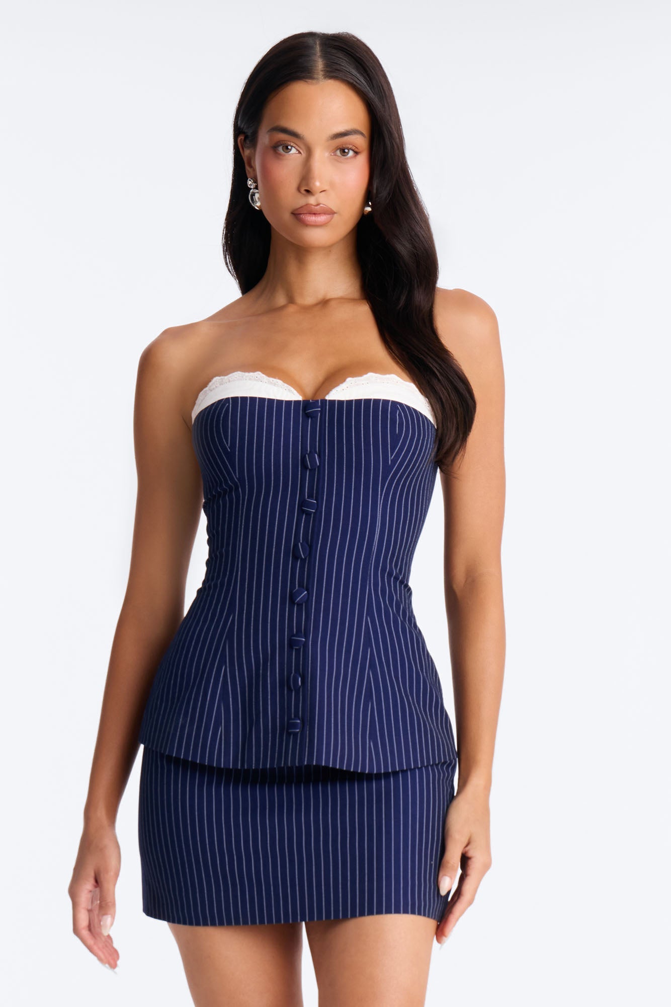 Victoria Pinstripe Micro Mini Skirt Set - Navy/combo