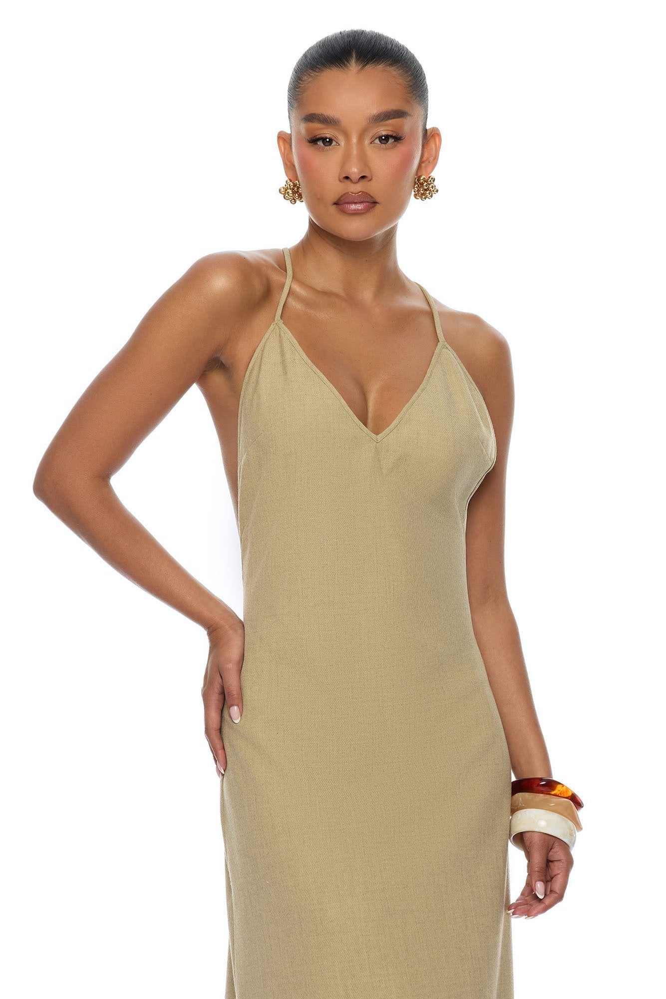 Zelara Beaded Backless Maxi Dress - Khaki