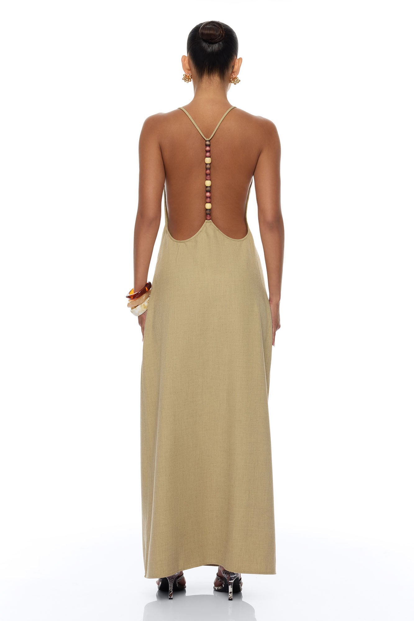 Zelara Beaded Backless Maxi Dress - Khaki