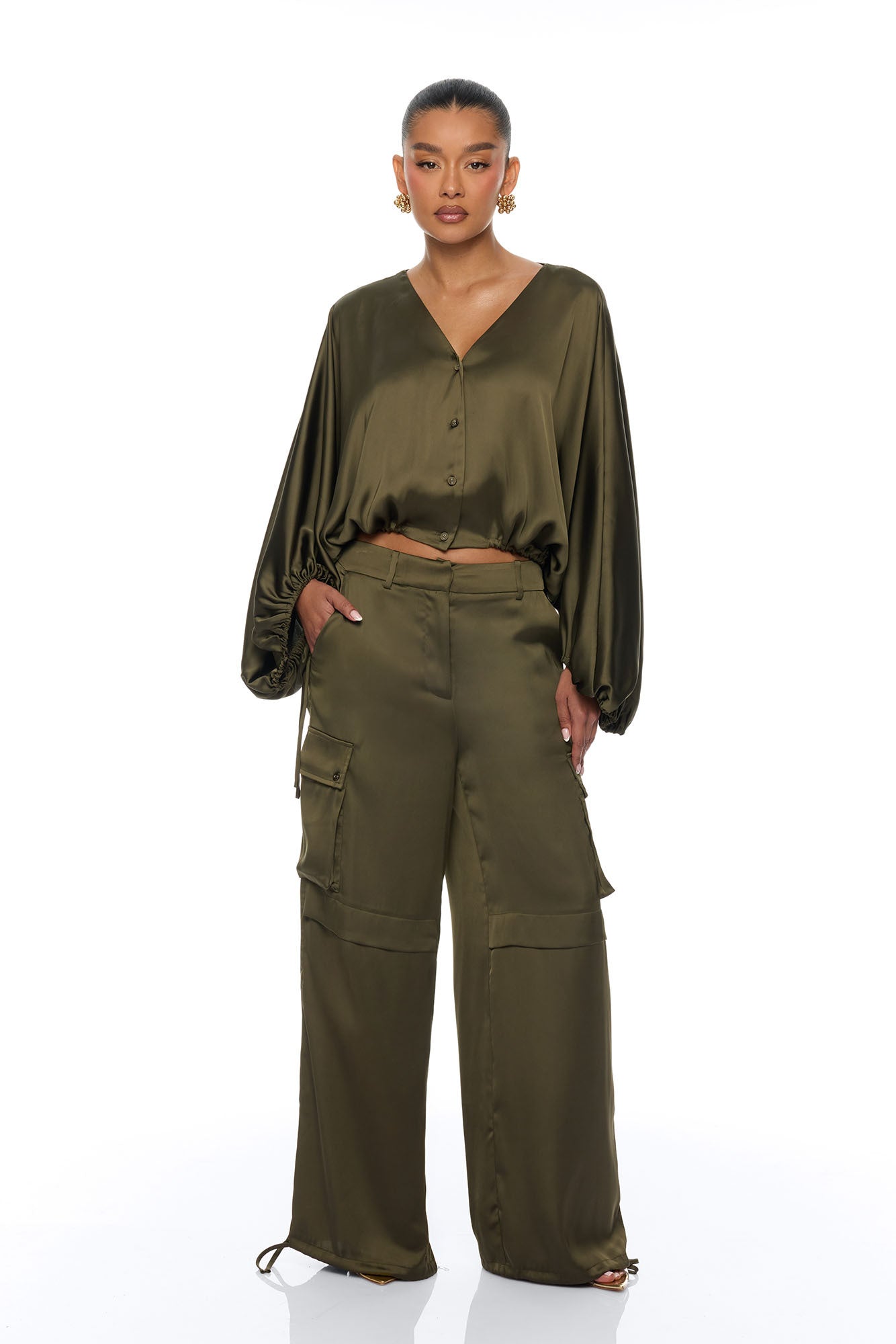 Priya Cargo Satin Pant Set - Olive