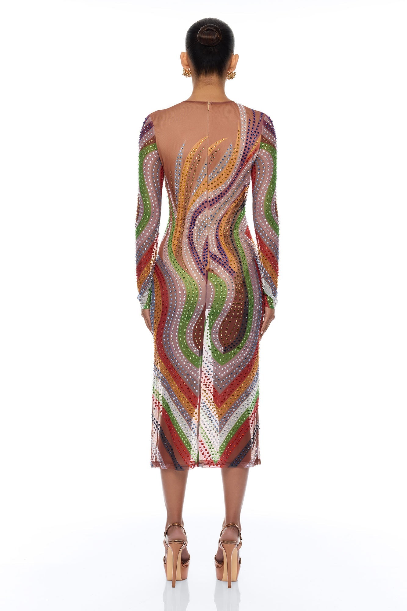 Zarah Long Sleeve Rhinestone Midi Dress - Multi Color