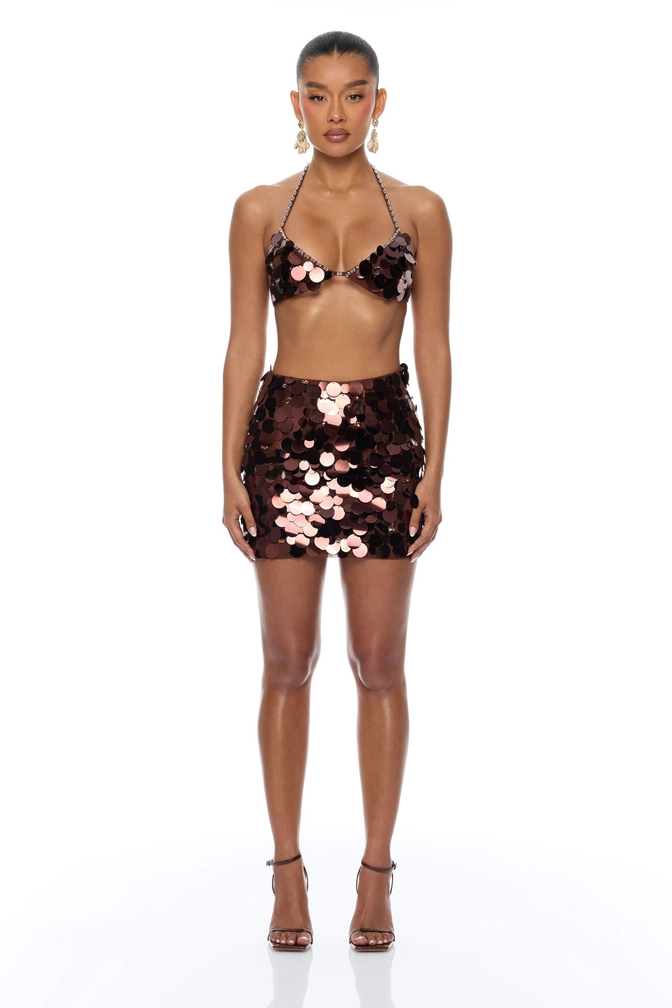 Mermaid Dreams Embellished Sequin Micro Mini Skirt Set - Brown