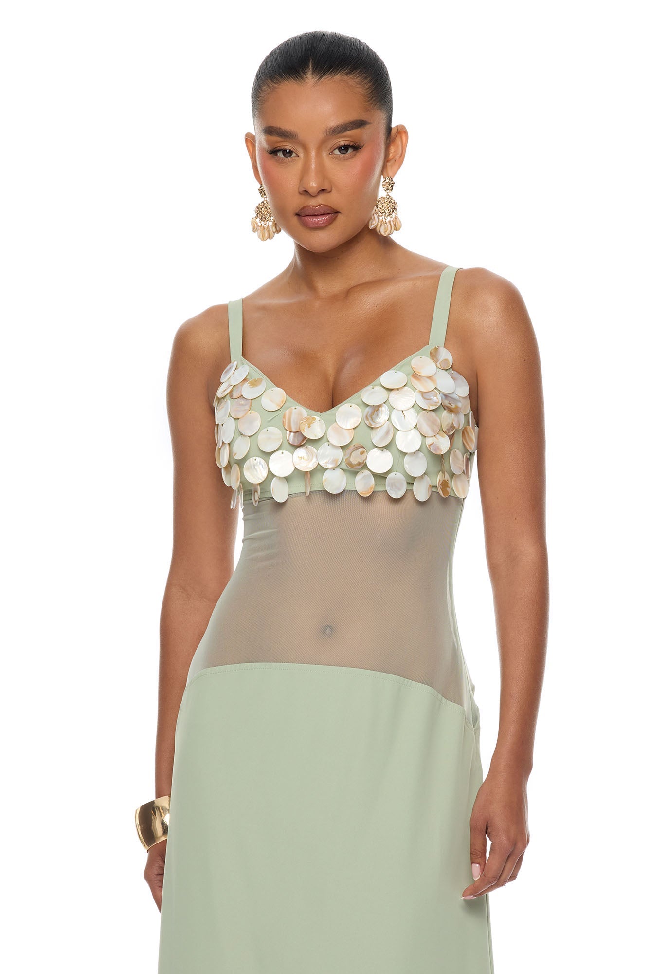 Coastal Chic Shell Maxi Dress - Sage