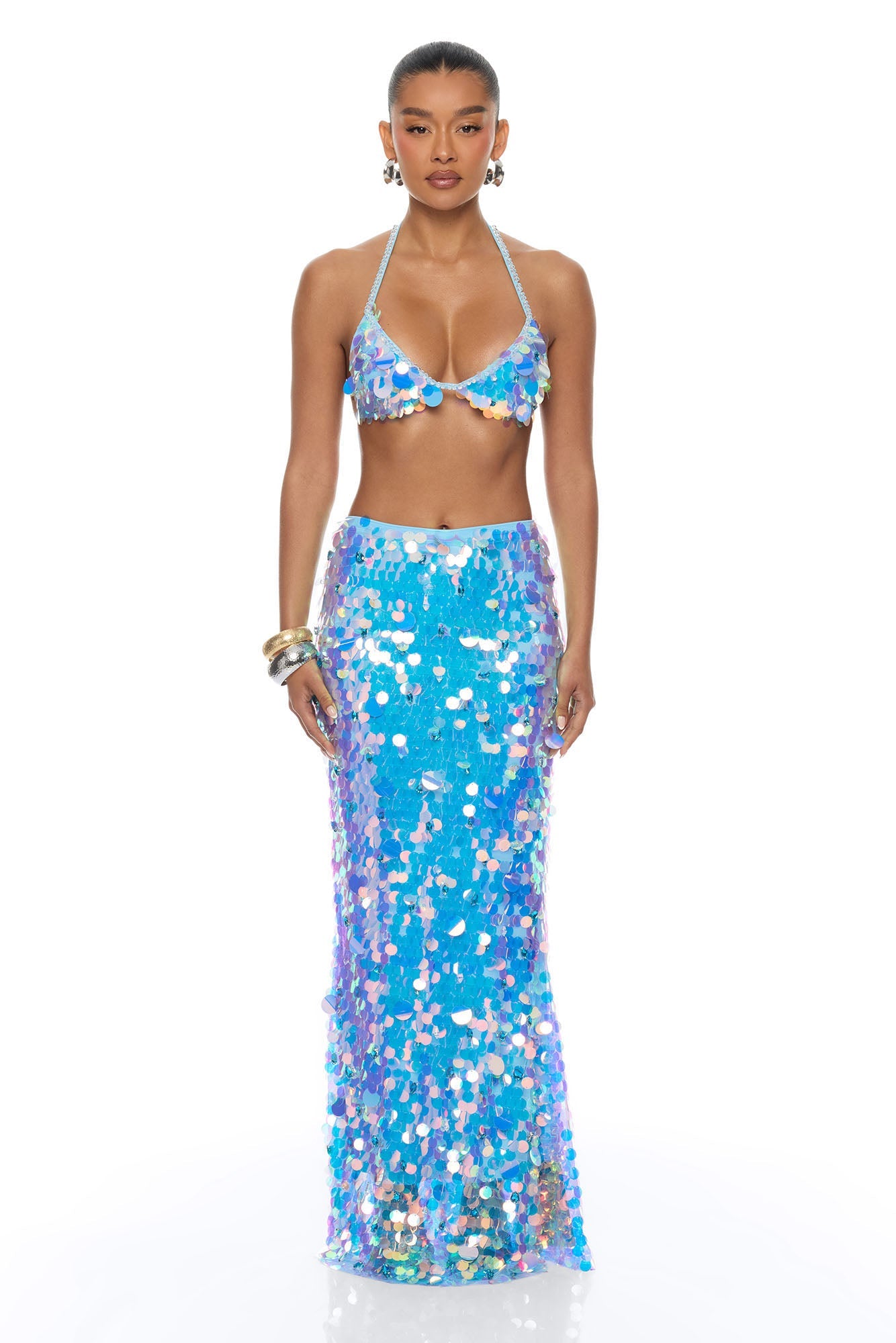Mermaid Dreams Embellished Sequin Skirt Set - Blue