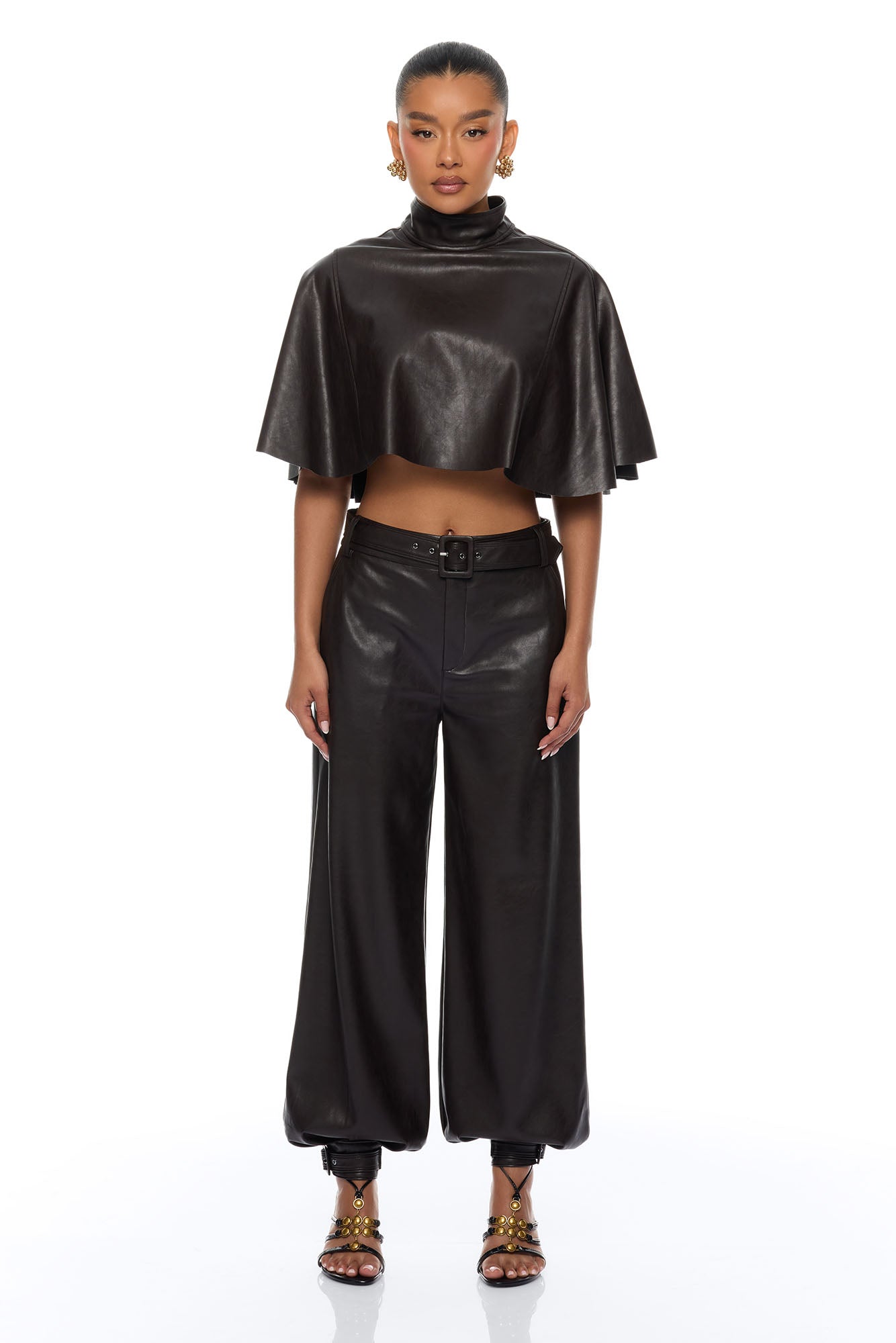 City Streets Faux Leather Balloon Pant Set - Chocolate