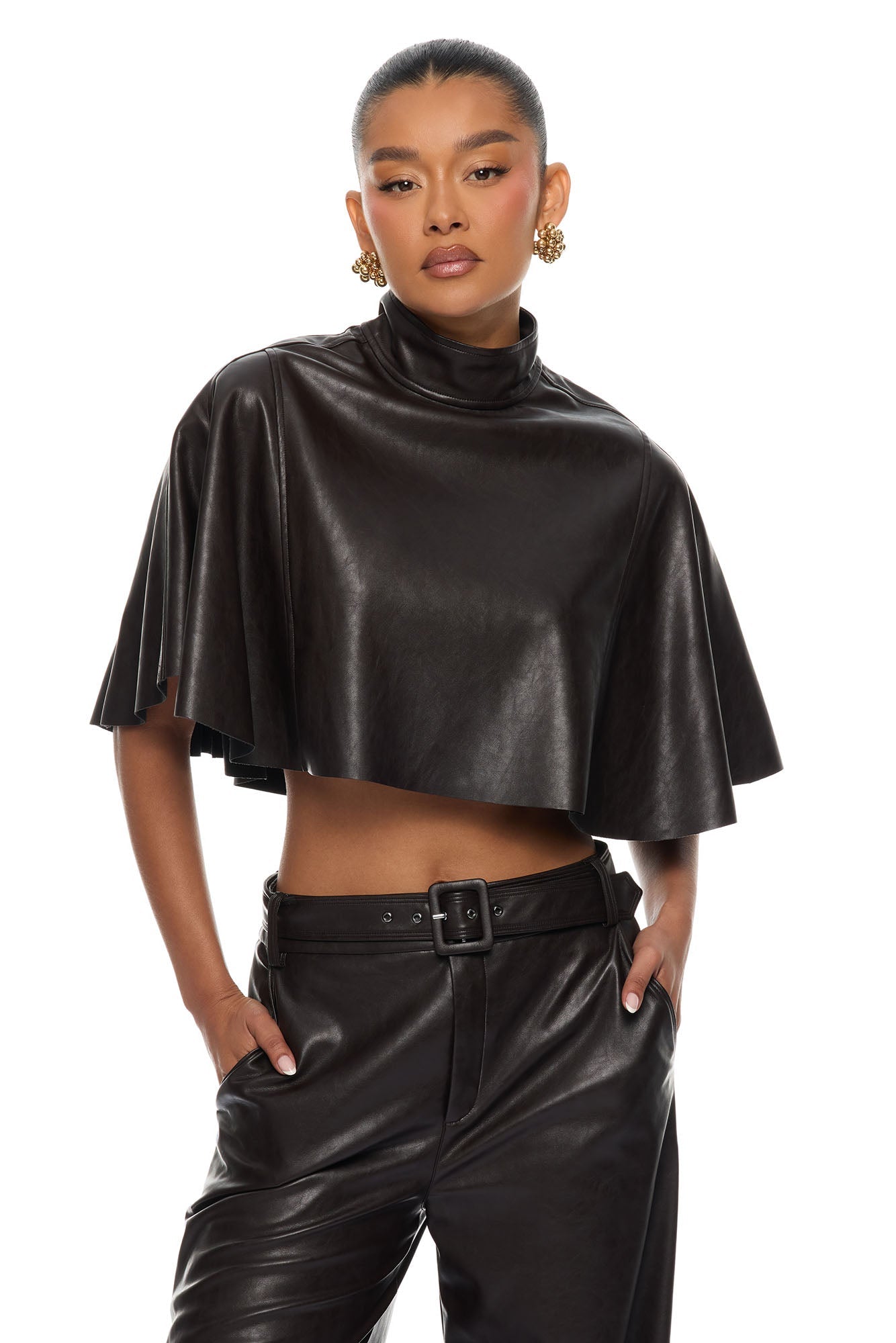 City Streets Faux Leather Balloon Pant Set - Chocolate